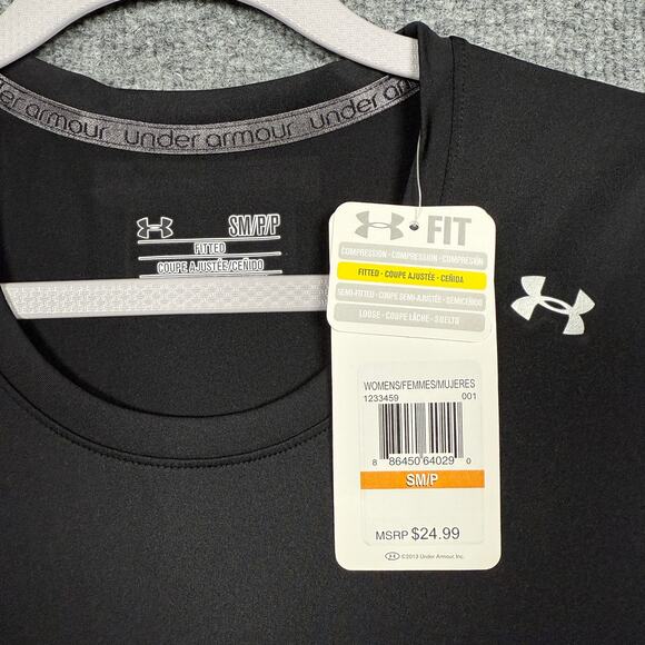 New Under Armour Size Small Base Layer Tee T-Shirt Black Crew Neck Short Sleeves - Picture 3 of 5